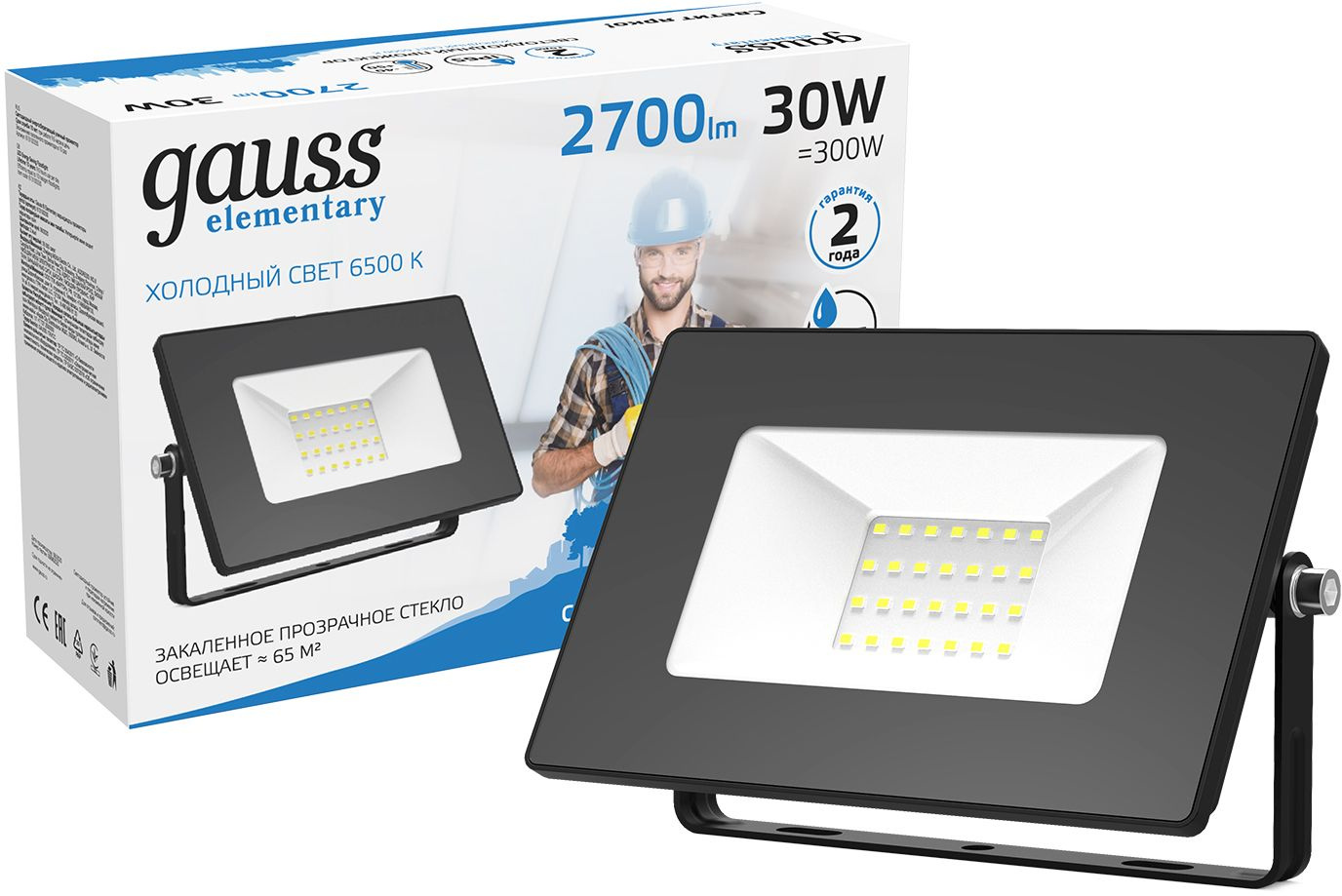 GAUSS 613100330 Прожектор светодиодный LED 30W 2100lm IP65 6500К черный 1/60