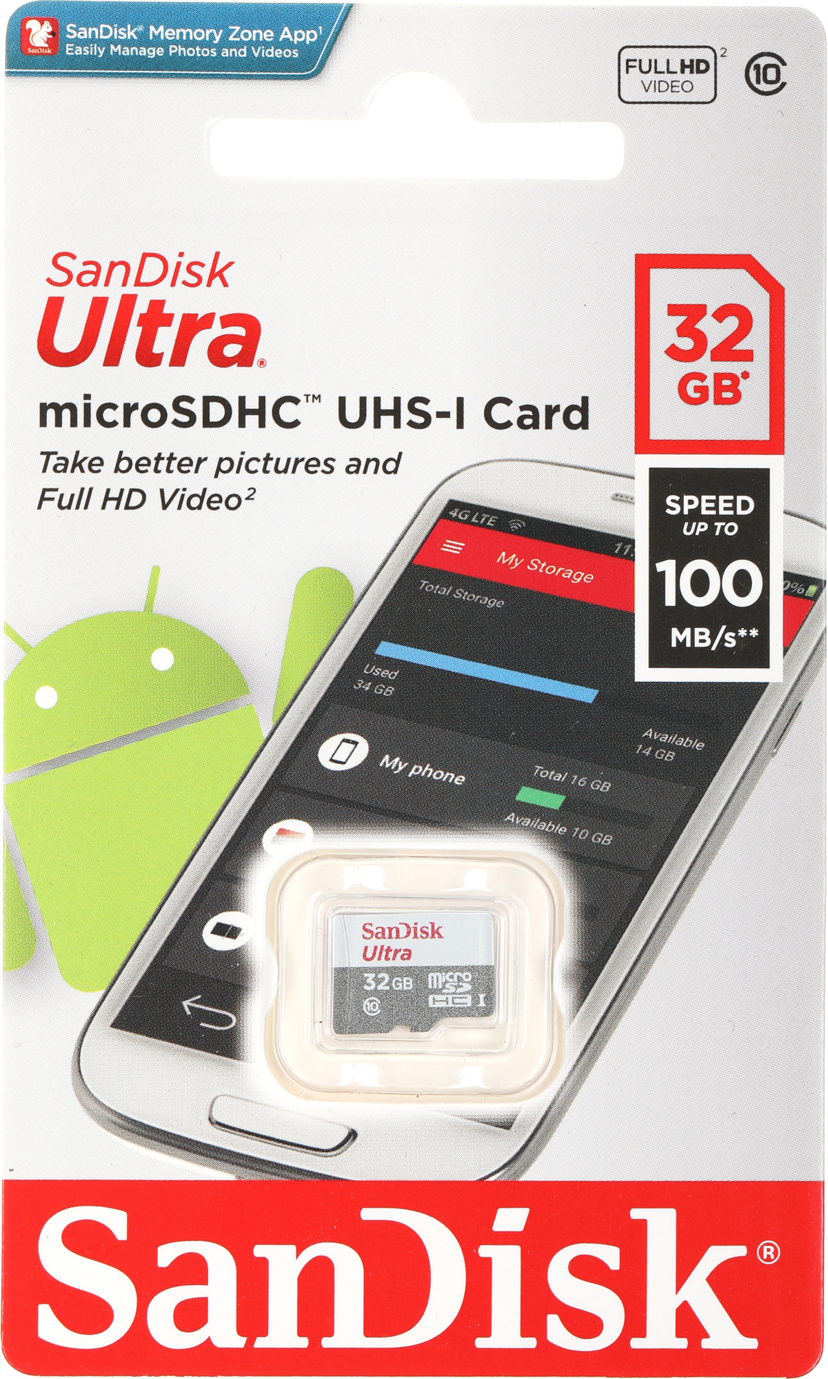 Micro SecureDigital 32Gb SanDisk Ultra® microSDHC 100MB/s Class 10 UHS-I SDSQUNR-032G-GN3MN