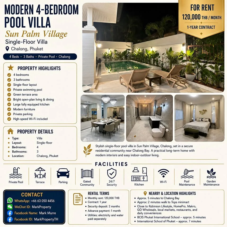 Современная вилла с 4 спальнями и бассейном в аренду, Sun Palm Village, Чалонг