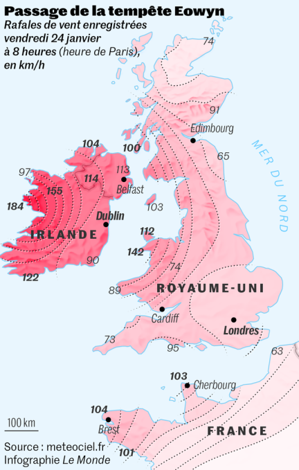 La tempête Eowyn frappe l’ouest de la France : le Morbihan en vigilance orange pour pluie-inondation, le Calvados et l’Ille-et-Vilaine pour crues