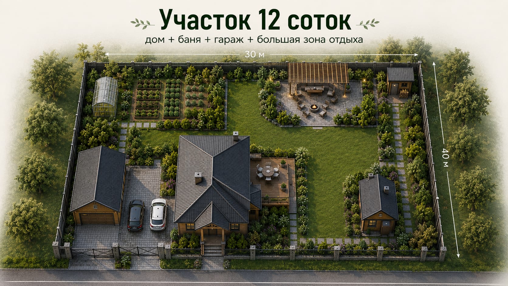 Планировка участка 12 соток с домом, баней, гаражом и большой зоной отдыха