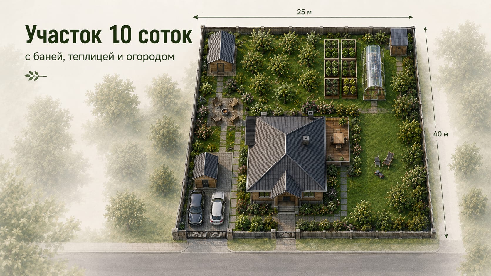 Планировка участка 10 соток с домом, баней, теплицей и огородом