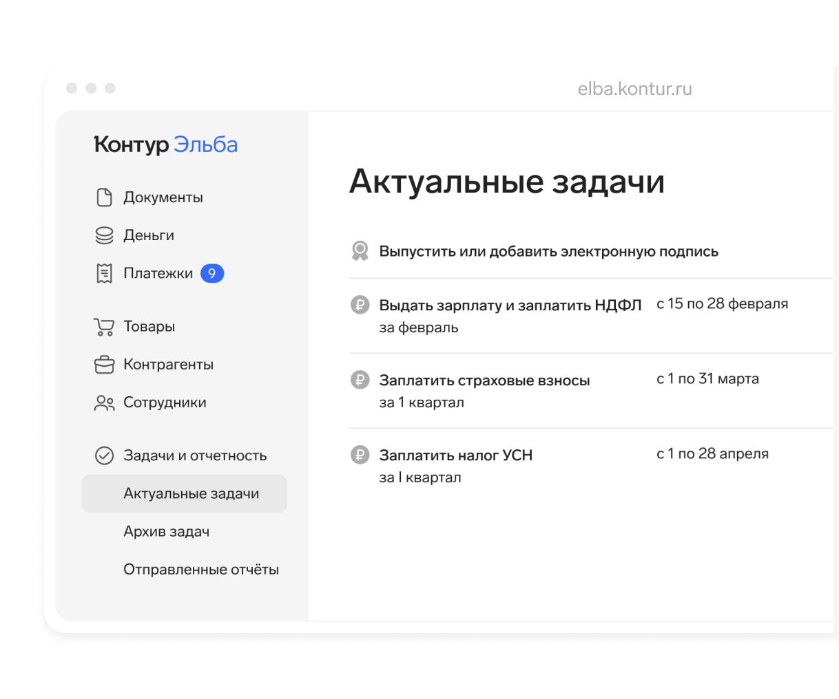 Контур.Эльба: Список актуальных задач по отчетности