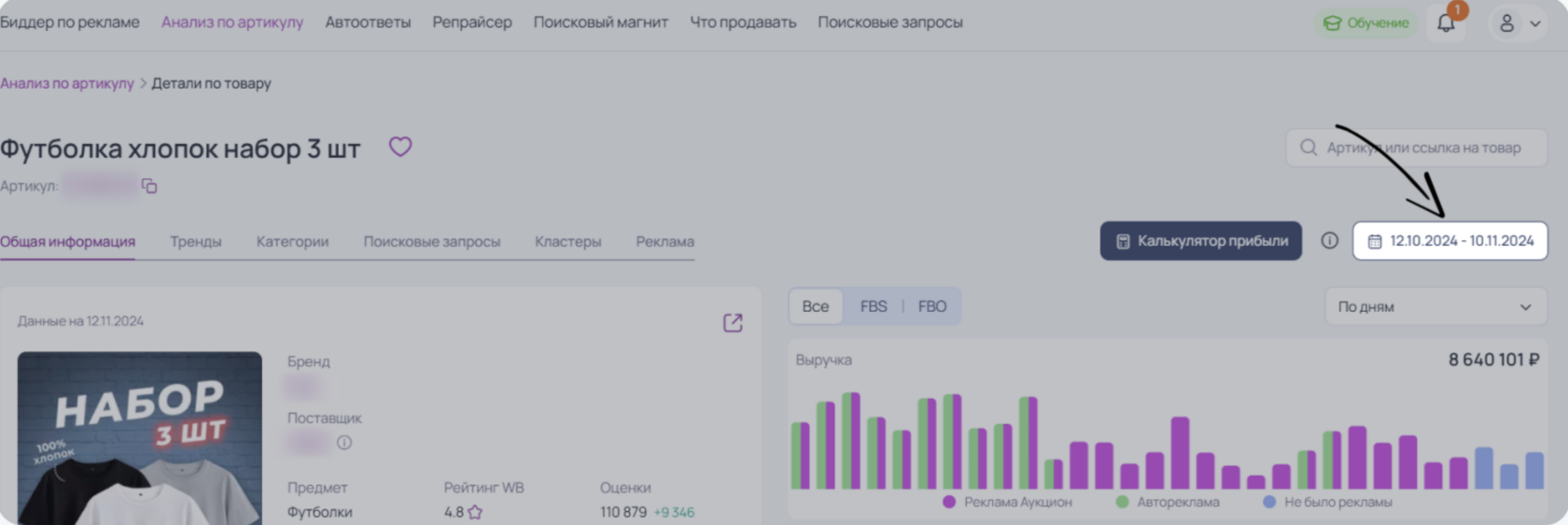 MarketGuru: График продаж и рекламы по товару