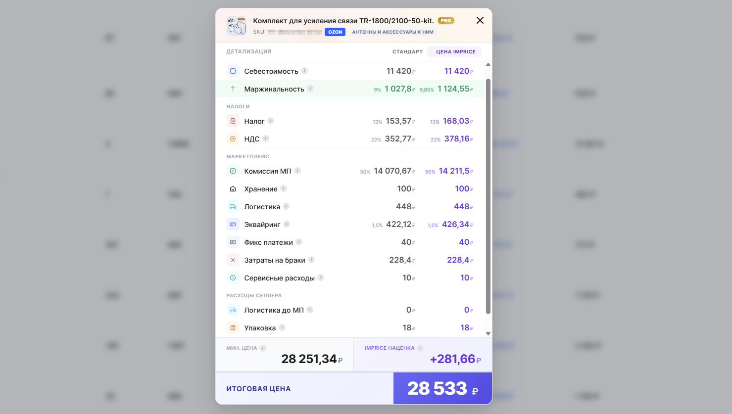 Imprice: Детализация цены товара