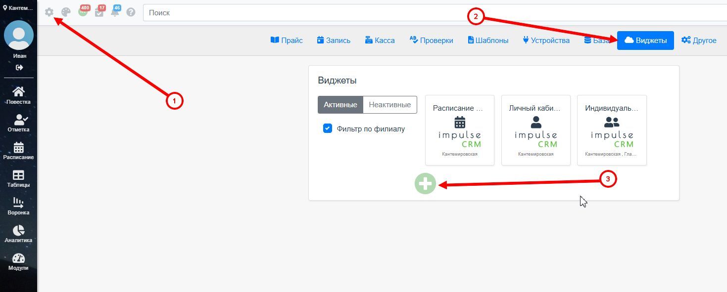 impulseCRM: Виджеты: расписание, личный кабинет, индивидуальные занятия