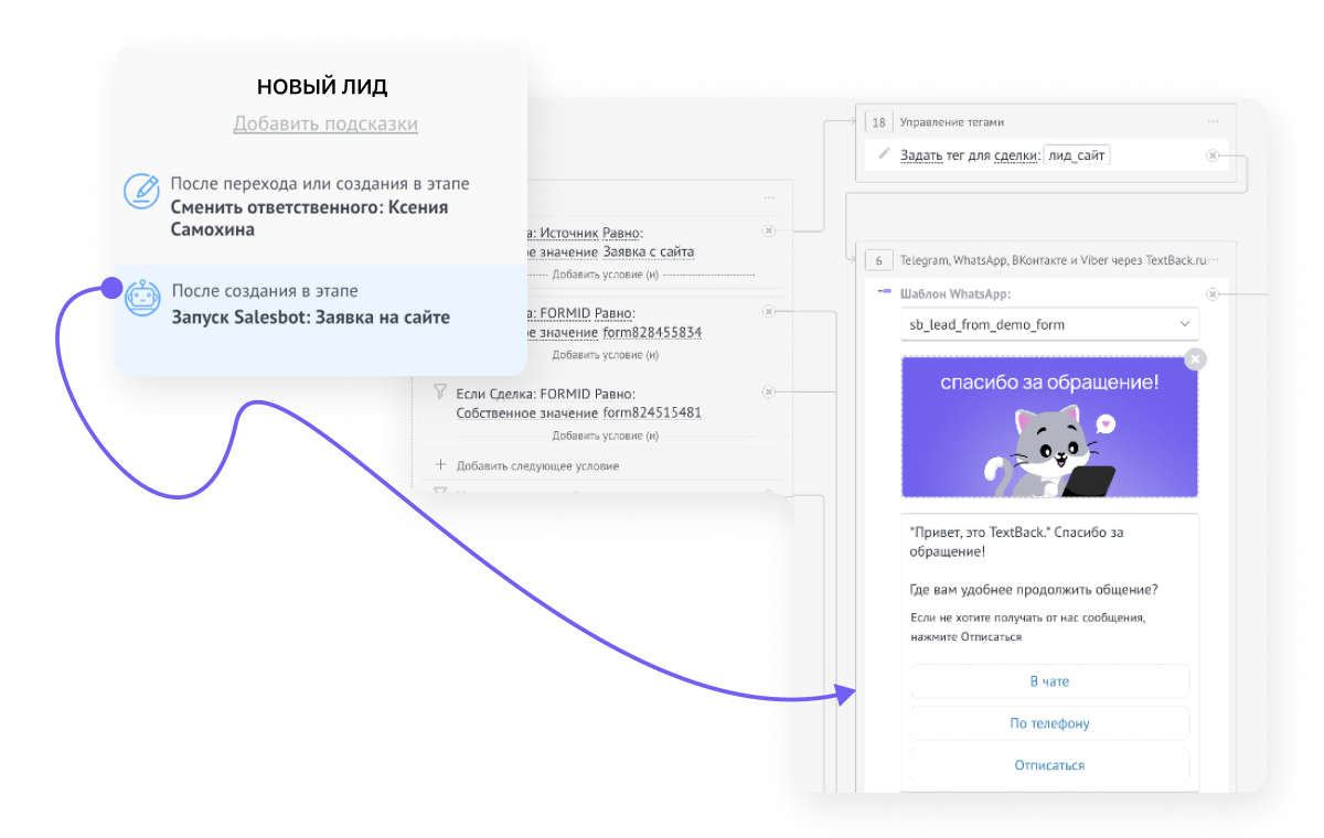 TextBack: Настройка автоматизации по сделкам в CRM