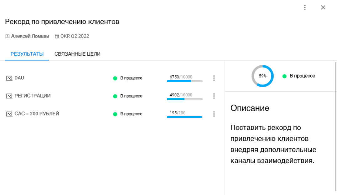 OKR Builder: Карточка цели с результатами и описанием