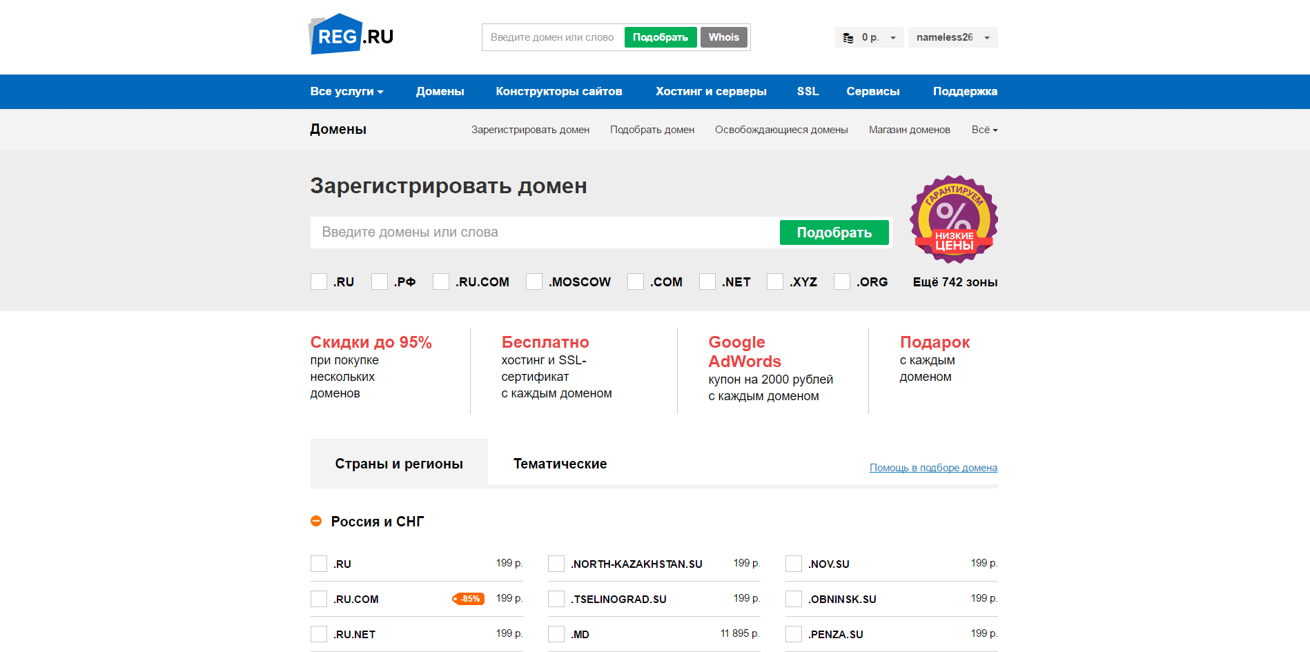 Интерфейс сервиса REG.RU, скриншот 2